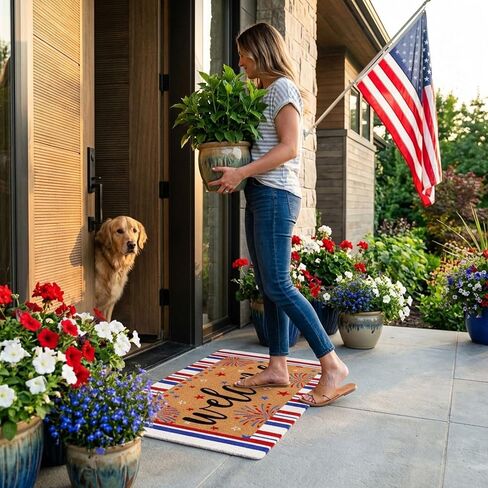 4th of July Patriotic Coir Door Mat USA Red White Blue Stripe Welcome Mats 17x30 inches Star Fireworks Shell Fiber Rug Independence Day Memorial Day Coir Doormat 250 Anniversary Indoor Outdoor Decor in Kuwait