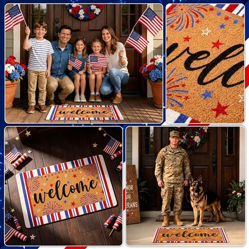 4th of July Patriotic Coir Door Mat USA Red White Blue Stripe Welcome Mats 17x30 inches Star Fireworks Shell Fiber Rug Independence Day Memorial Day Coir Doormat 250 Anniversary Indoor Outdoor Decor in Kuwait