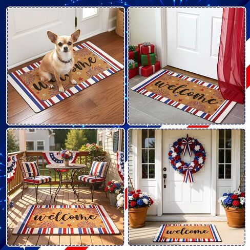 4th of July Patriotic Coir Door Mat USA Red White Blue Stripe Welcome Mats 17x30 inches Star Fireworks Shell Fiber Rug Independence Day Memorial Day Coir Doormat 250 Anniversary Indoor Outdoor Decor in Kuwait