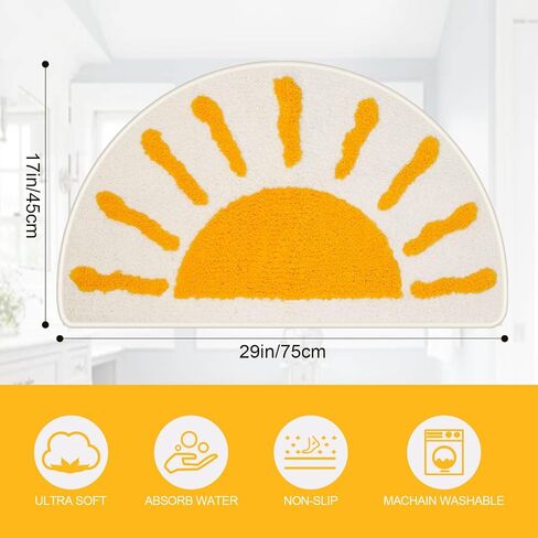 Bathroom Rugs Mat Half Circle - Cute Sun Fun White Yellow Boho Bath Mats Non Slip, Soft Absorbent Microfiber Bohemian Rug, Semi Round Machine Washable Rubber Rugs for Floor Bedroom Toilet Door Bathmat in Saudi Arabia