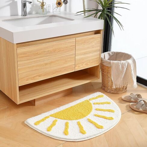 Bathroom Rugs Mat Half Circle - Cute Sun Fun White Yellow Boho Bath Mats Non Slip, Soft Absorbent Microfiber Bohemian Rug, Semi Round Machine Washable Rubber Rugs for Floor Bedroom Toilet Door Bathmat in Saudi Arabia