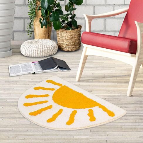 Bathroom Rugs Mat Half Circle - Cute Sun Fun White Yellow Boho Bath Mats Non Slip, Soft Absorbent Microfiber Bohemian Rug, Semi Round Machine Washable Rubber Rugs for Floor Bedroom Toilet Door Bathmat in Saudi Arabia