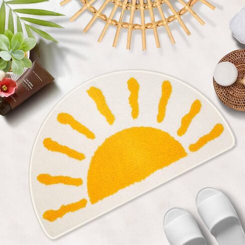 Bathroom Rugs Mat Half Circle - Cute Sun Fun White Yellow Boho Bath Mats Non Slip, Soft Absorbent Microfiber Bohemian Rug, Semi Round Machine Washable Rubber Rugs for Floor Bedroom Toilet Door Bathmat in Saudi Arabia