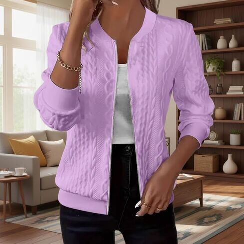Women's Cable Knit Bomber Jacket Zip Up Cardigan Sweater Long Sleeve Lightweight Jacket Casual Fall Winter Outerwear Ribbed Cuff Baseball Coat Stand Collar Purple Knitwear Top Plus Size-XL in Kuwait