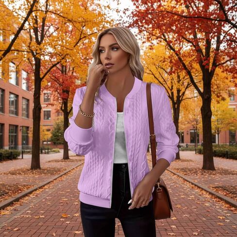 Women's Cable Knit Bomber Jacket Zip Up Cardigan Sweater Long Sleeve Lightweight Jacket Casual Fall Winter Outerwear Ribbed Cuff Baseball Coat Stand Collar Purple Knitwear Top Plus Size-XL in Kuwait