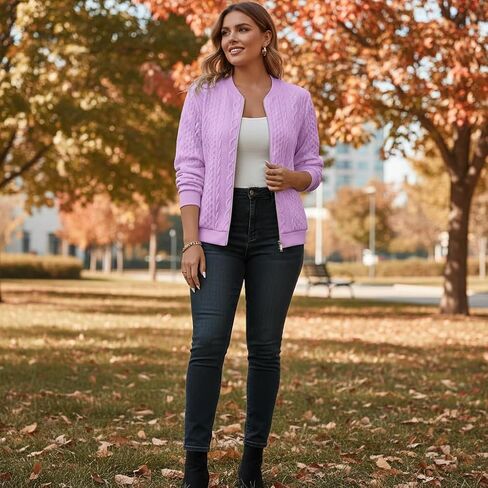 Women's Cable Knit Bomber Jacket Zip Up Cardigan Sweater Long Sleeve Lightweight Jacket Casual Fall Winter Outerwear Ribbed Cuff Baseball Coat Stand Collar Purple Knitwear Top Plus Size-XL in Kuwait