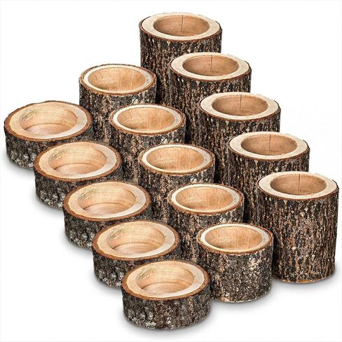 Set of 15 Rustic Wooden Tea Light Candle Holders | Natural Wood Votive Holders in 3 Sizes for Wedding, Party, and Home Table Decor in Saudi Arabia