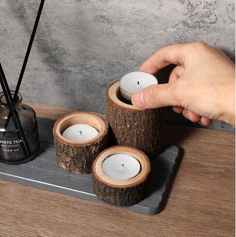 Set of 15 Rustic Wooden Tea Light Candle Holders | Natural Wood Votive Holders in 3 Sizes for Wedding, Party, and Home Table Decor in Saudi Arabia