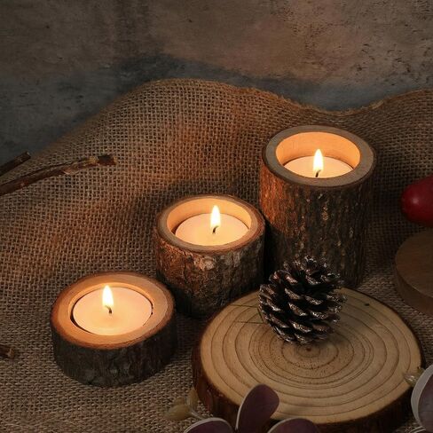 Set of 15 Rustic Wooden Tea Light Candle Holders | Natural Wood Votive Holders in 3 Sizes for Wedding, Party, and Home Table Decor in Saudi Arabia