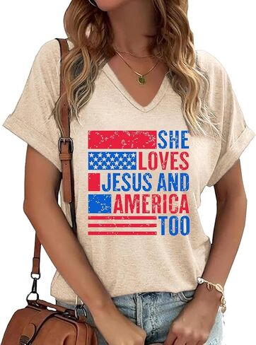 4th of July Shirts for Women: American Flag Tee USA Red White Blue Top Patriotic V-Neck T Shirt in Saudi Arabia