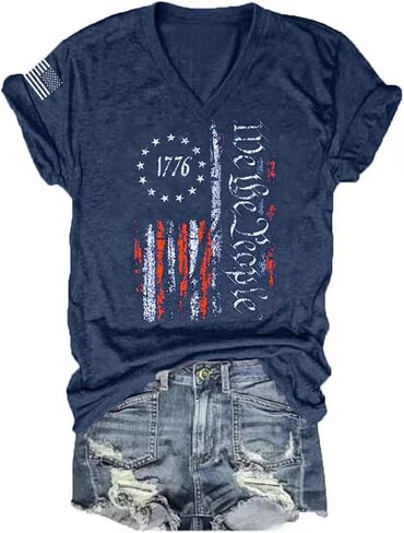 4th of July Shirts for Women: American Flag Tee USA Red White Blue Top Patriotic V-Neck T Shirt in Kuwait