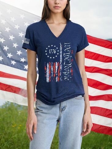 4th of July Shirts for Women: American Flag Tee USA Red White Blue Top Patriotic V-Neck T Shirt in Kuwait