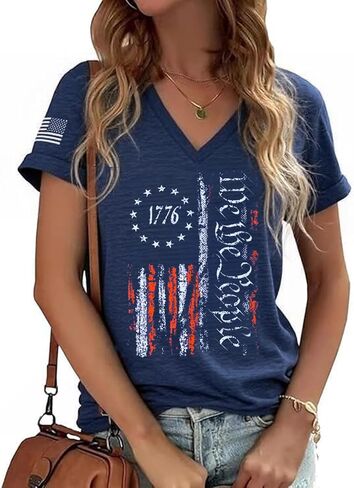 4th of July Shirts for Women: American Flag Tee USA Red White Blue Top Patriotic V-Neck T Shirt in Kuwait