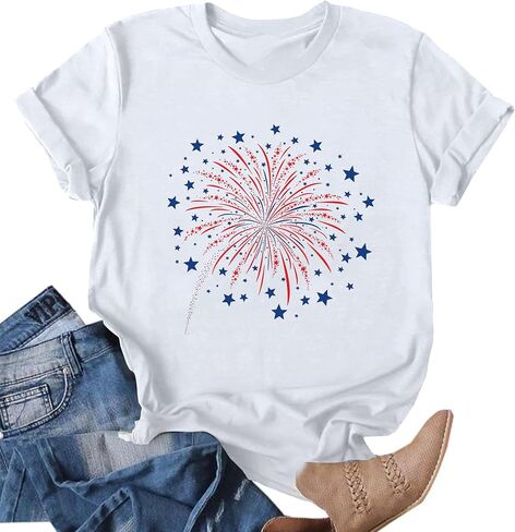 4th of July Shirts for Women: American Flag Tee USA Red White Blue Top Patriotic V-Neck T Shirt in Kuwait