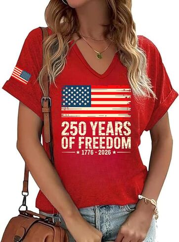 4th of July Shirts for Women: American Flag Tee USA Red White Blue Top Patriotic V-Neck T Shirt in Kuwait