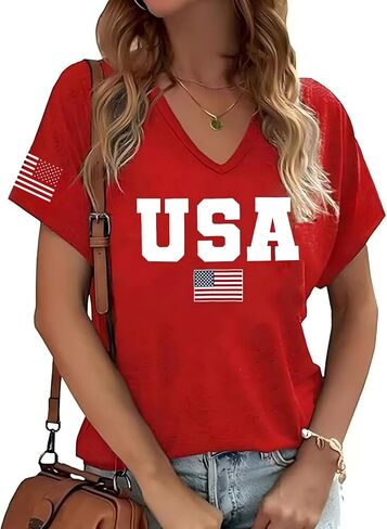 4th of July Shirts for Women: American Flag Tee USA Red White Blue Top Patriotic V-Neck T Shirt in Kuwait