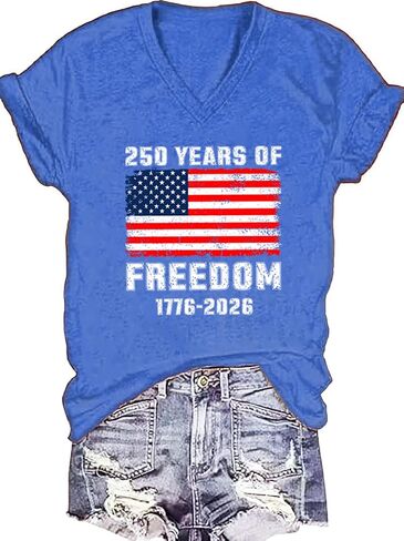 4th of July Shirts for Women: American Flag Tee USA Red White Blue Top Patriotic V-Neck T Shirt in Kuwait