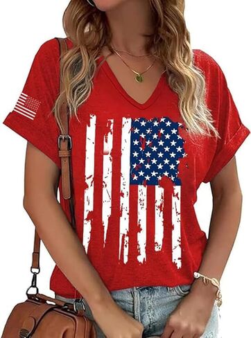 4th of July Shirts for Women: American Flag Tee USA Red White Blue Top Patriotic V-Neck T Shirt in Kuwait