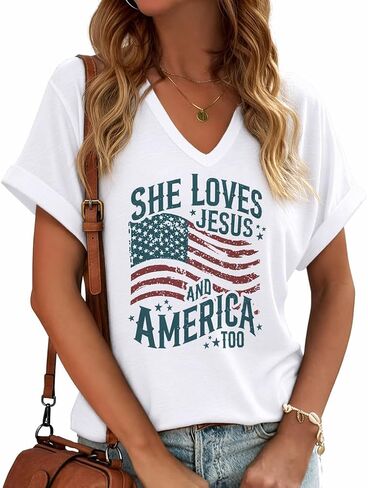 4th of July Shirts for Women: American Flag Tee USA Red White Blue Top Patriotic V-Neck T Shirt in Kuwait