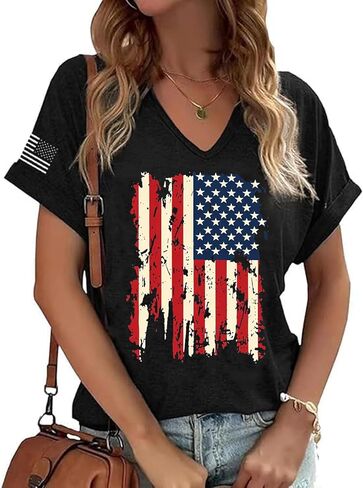 4th of July Shirts for Women: American Flag Tee USA Red White Blue Top Patriotic V-Neck T Shirt in Kuwait