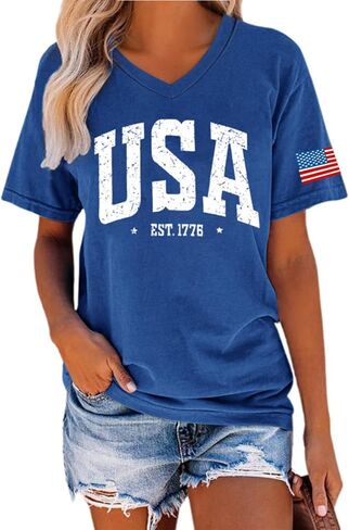 4th of July Shirts for Women: American Flag Tee USA Red White Blue Top Patriotic V-Neck T Shirt in Kuwait