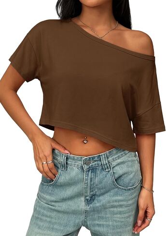 Womens Off The Shoulder Tops Short Sleeve Crop Top Casual Workout T Shirt 2026 Summer Trendy Loose Cotton Tees in Saudi Arabia