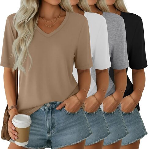Ficerd 4 Pack Women's Half Sleeve V Neck Tops Elbow Length Loose Fit Shirts Casual Trendy Summer Straight Hem Basic Tees in Kuwait
