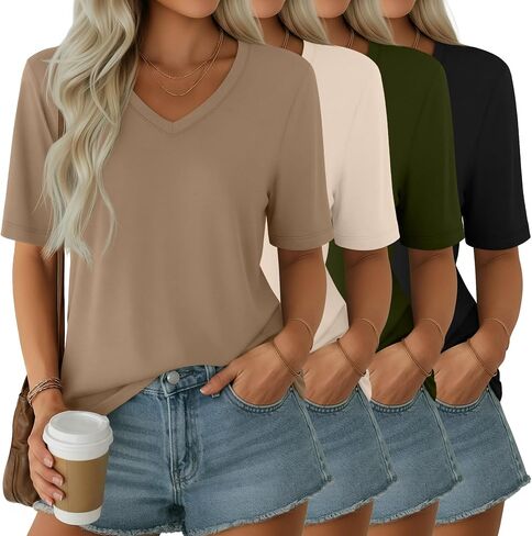 Ficerd 4 Pack Women's Half Sleeve V Neck Tops Elbow Length Loose Fit Shirts Casual Trendy Summer Straight Hem Basic Tees in Kuwait
