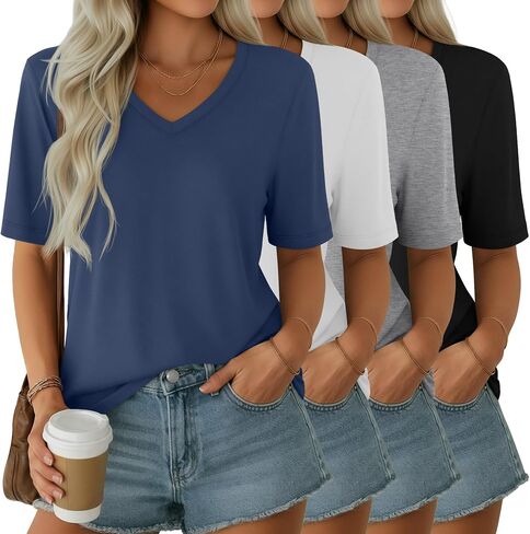Ficerd 4 Pack Women's Half Sleeve V Neck Tops Elbow Length Loose Fit Shirts Casual Trendy Summer Straight Hem Basic Tees in Kuwait