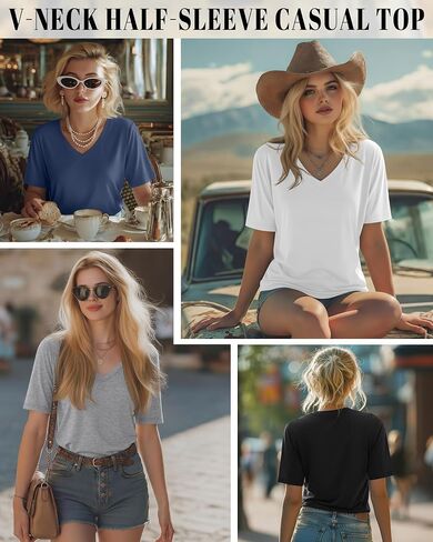Ficerd 4 Pack Women's Half Sleeve V Neck Tops Elbow Length Loose Fit Shirts Casual Trendy Summer Straight Hem Basic Tees in Kuwait