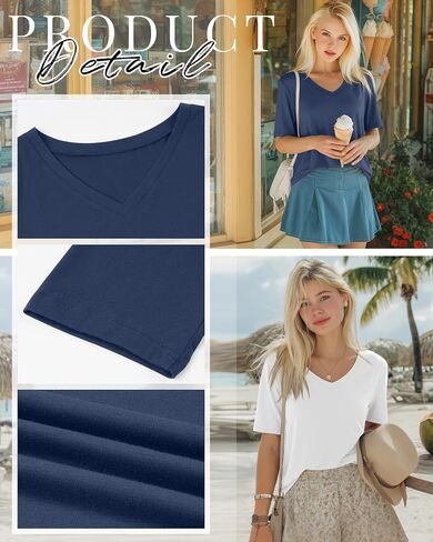 Ficerd 4 Pack Women's Half Sleeve V Neck Tops Elbow Length Loose Fit Shirts Casual Trendy Summer Straight Hem Basic Tees in Kuwait