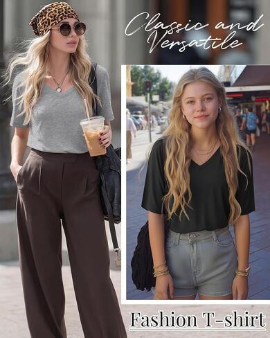 Ficerd 4 Pack Women's Half Sleeve V Neck Tops Elbow Length Loose Fit Shirts Casual Trendy Summer Straight Hem Basic Tees in Kuwait