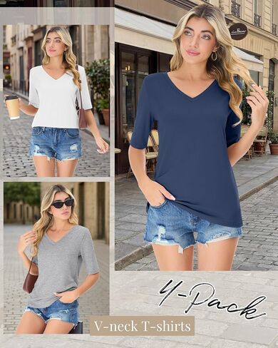 Ficerd 4 Pack Women's Half Sleeve V Neck Tops Elbow Length Loose Fit Shirts Casual Trendy Summer Straight Hem Basic Tees in Kuwait