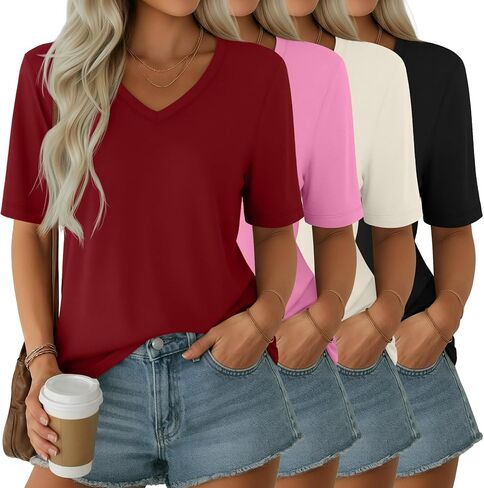 Ficerd 4 Pack Women's Half Sleeve V Neck Tops Elbow Length Loose Fit Shirts Casual Trendy Summer Straight Hem Basic Tees in Kuwait