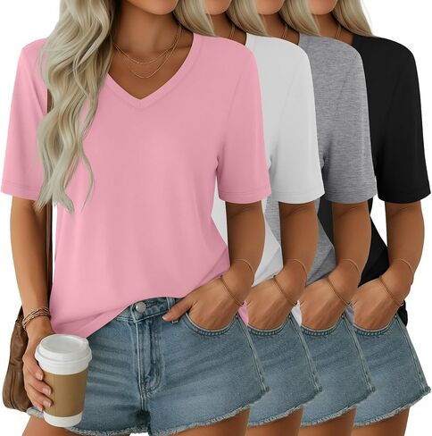 Ficerd 4 Pack Women's Half Sleeve V Neck Tops Elbow Length Loose Fit Shirts Casual Trendy Summer Straight Hem Basic Tees in Kuwait
