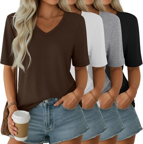 Ficerd 4 Pack Women's Half Sleeve V Neck Tops Elbow Length Loose Fit Shirts Casual Trendy Summer Straight Hem Basic Tees in Kuwait