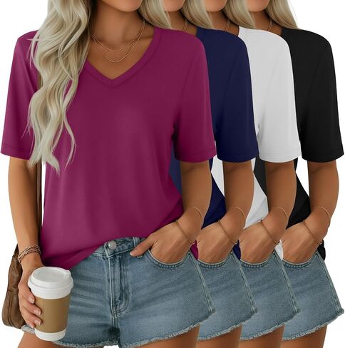 Ficerd 4 Pack Women's Half Sleeve V Neck Tops Elbow Length Loose Fit Shirts Casual Trendy Summer Straight Hem Basic Tees in Kuwait