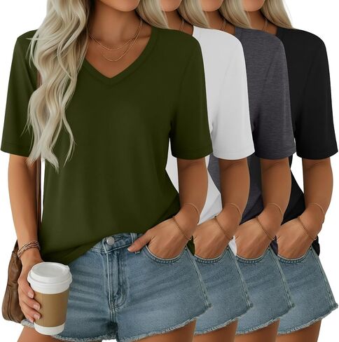 Ficerd 4 Pack Women's Half Sleeve V Neck Tops Elbow Length Loose Fit Shirts Casual Trendy Summer Straight Hem Basic Tees in Kuwait