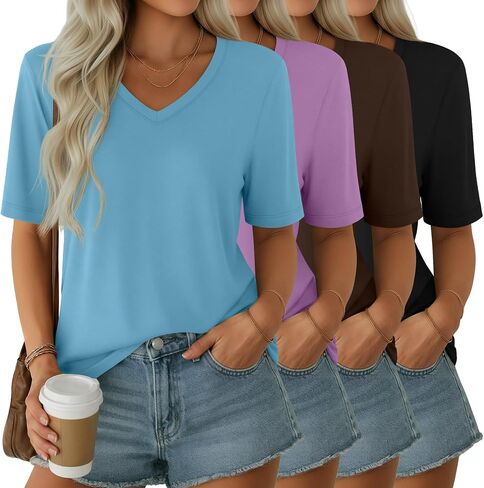 Ficerd 4 Pack Women's Half Sleeve V Neck Tops Elbow Length Loose Fit Shirts Casual Trendy Summer Straight Hem Basic Tees in Kuwait