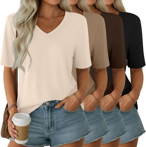 Ficerd 4 Pack Women's Half Sleeve V Neck Tops Elbow Length Loose Fit Shirts Casual Trendy Summer Straight Hem Basic Tees in Kuwait