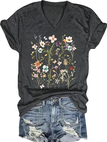 Womens Vintage Flowers V Neck Shirt Boho Floral Wildflowers Graphic Tee Casual Short Sleeve T Shirt in Saudi Arabia