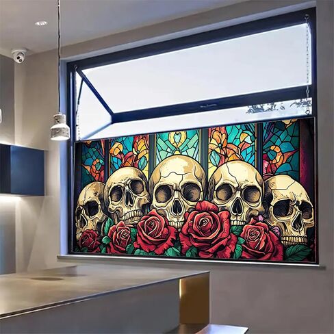 HOMETITUTE Skull Window Film 39.3x17.7 Inch Gothic Skull Window Sticker Halloween Skull Decoration Rose Windows Cling for Haunted House Day of The Dead Horror Windows Glass Cover in Kuwait