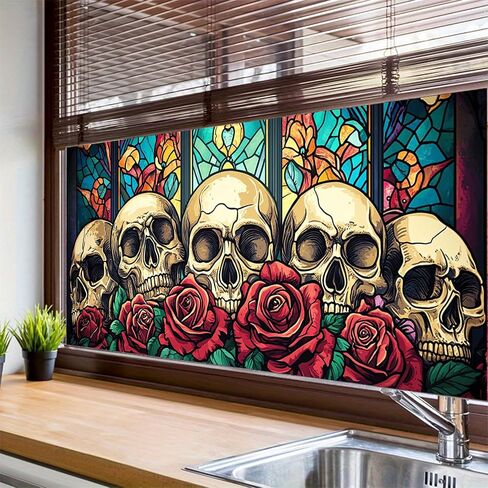 HOMETITUTE Skull Window Film 39.3x17.7 Inch Gothic Skull Window Sticker Halloween Skull Decoration Rose Windows Cling for Haunted House Day of The Dead Horror Windows Glass Cover in Kuwait