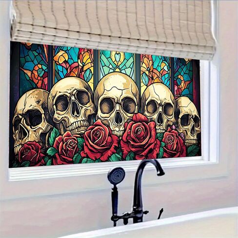 HOMETITUTE Skull Window Film 39.3x17.7 Inch Gothic Skull Window Sticker Halloween Skull Decoration Rose Windows Cling for Haunted House Day of The Dead Horror Windows Glass Cover in Kuwait