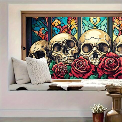 HOMETITUTE Skull Window Film 39.3x17.7 Inch Gothic Skull Window Sticker Halloween Skull Decoration Rose Windows Cling for Haunted House Day of The Dead Horror Windows Glass Cover in Kuwait