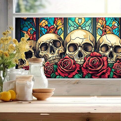 HOMETITUTE Skull Window Film 39.3x17.7 Inch Gothic Skull Window Sticker Halloween Skull Decoration Rose Windows Cling for Haunted House Day of The Dead Horror Windows Glass Cover in Kuwait