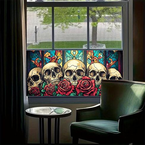 HOMETITUTE Skull Window Film 39.3x17.7 Inch Gothic Skull Window Sticker Halloween Skull Decoration Rose Windows Cling for Haunted House Day of The Dead Horror Windows Glass Cover in Kuwait