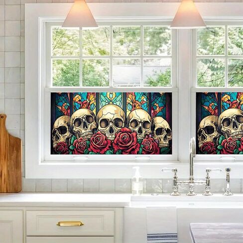 HOMETITUTE Skull Window Film 39.3x17.7 Inch Gothic Skull Window Sticker Halloween Skull Decoration Rose Windows Cling for Haunted House Day of The Dead Horror Windows Glass Cover in Kuwait