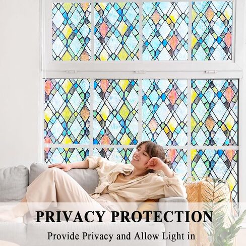 Static Cling Privacy Window Film Frosted Sliding Glass Door Film 3D Rainbow Yellow Orange Crossed Resuable Anti UV Heat Control,17.5 inches by 78.7 inches in Saudi Arabia