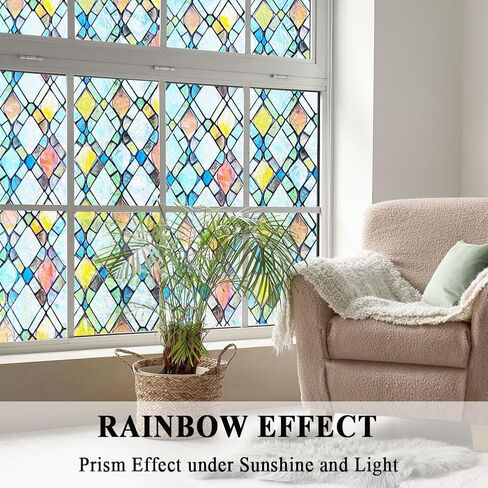 Static Cling Privacy Window Film Frosted Sliding Glass Door Film 3D Rainbow Yellow Orange Crossed Resuable Anti UV Heat Control,17.5 inches by 78.7 inches in Saudi Arabia